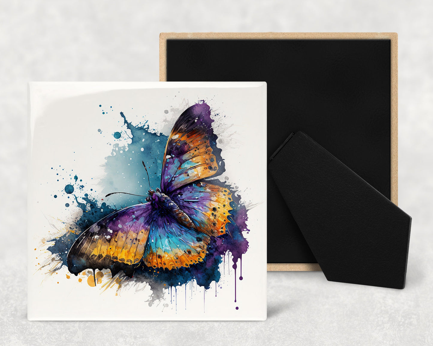 Splatter Butterfly Art Decorative Ceramic Tile Set with Optional Easel Back - Available in 4 sizes - Set of 4