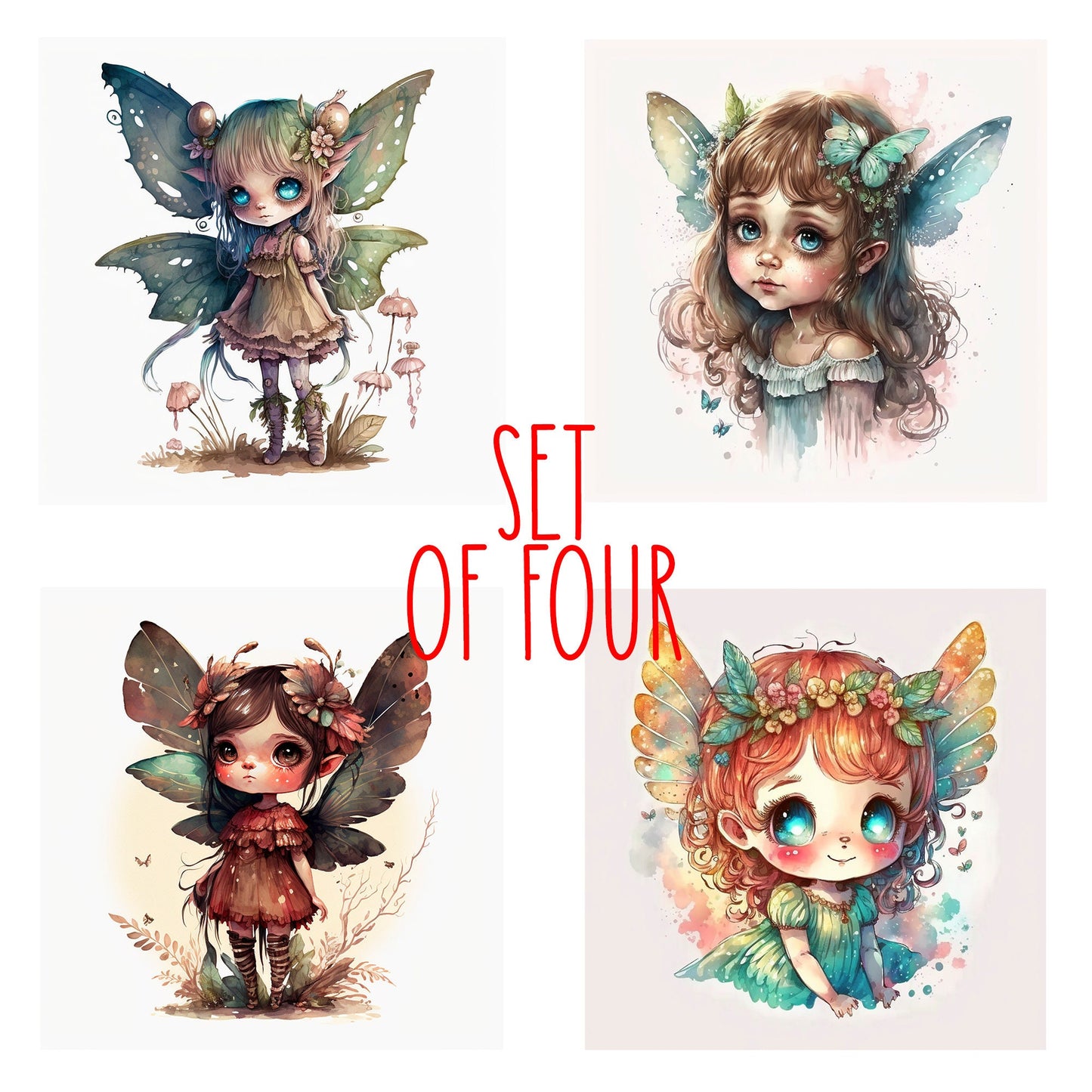 Cute Fae Art Decorative Ceramic Tile Set with Optional Easel Back - Available in 4 sizes - Set of 4