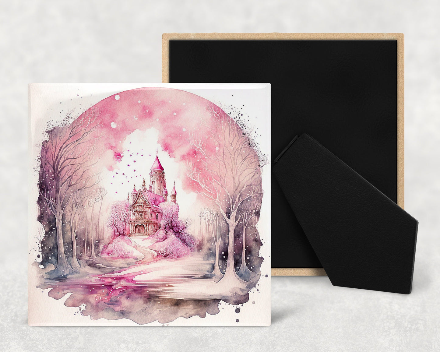 Fairy Tale Castle Art Decorative Ceramic Tile Set with Optional Easel Back - Available in 4 sizes - Set of 4