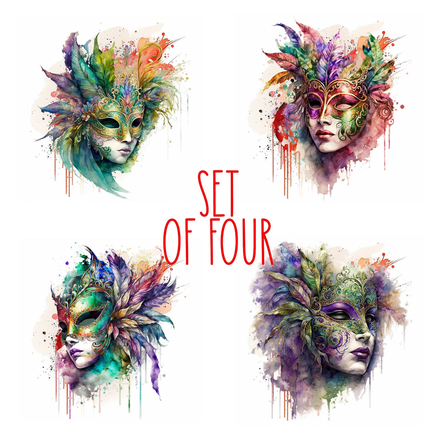 Mardi Gras Faces Art Decorative Ceramic Tile Set with Optional Easel Back - Available in 4 sizes - Set of 4