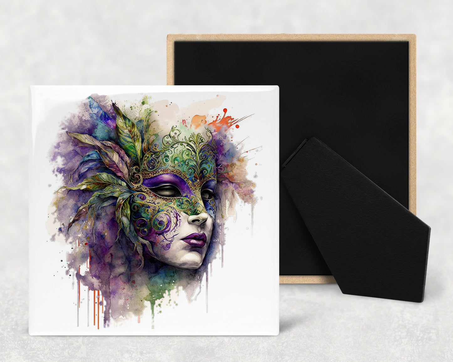 Mardi Gras Faces Art Decorative Ceramic Tile Set with Optional Easel Back - Available in 4 sizes - Set of 4