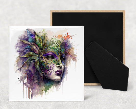 Mardi Gras Faces Art Decorative Ceramic Tile Set with Optional Easel Back - Available in 4 sizes - Set of 4