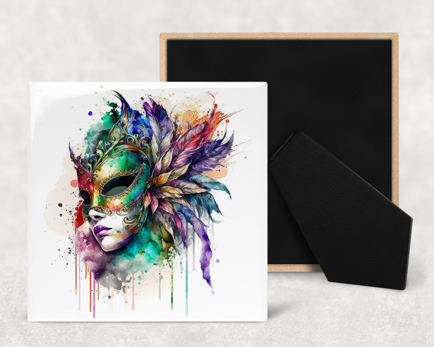 Mardi Gras Faces Art Decorative Ceramic Tile Set with Optional Easel Back - Available in 4 sizes - Set of 4