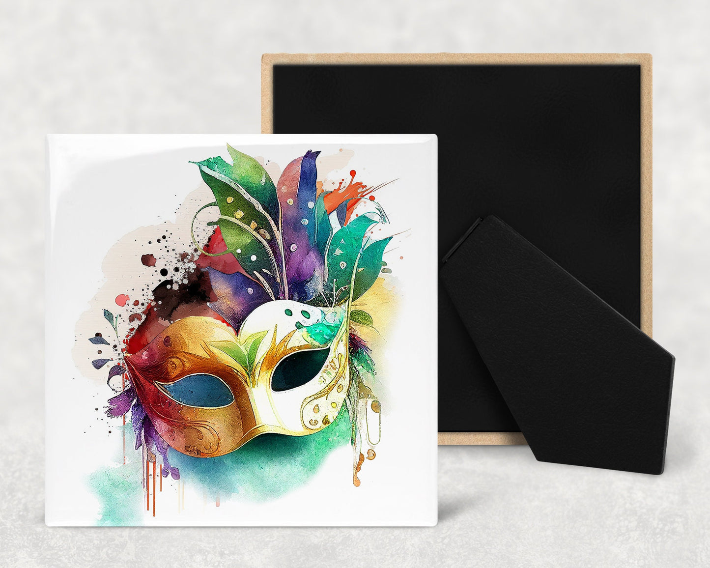Mardi Gras Mask Art Decorative Ceramic Tile Set with Optional Easel Back - Available in 4 sizes - Set of 4