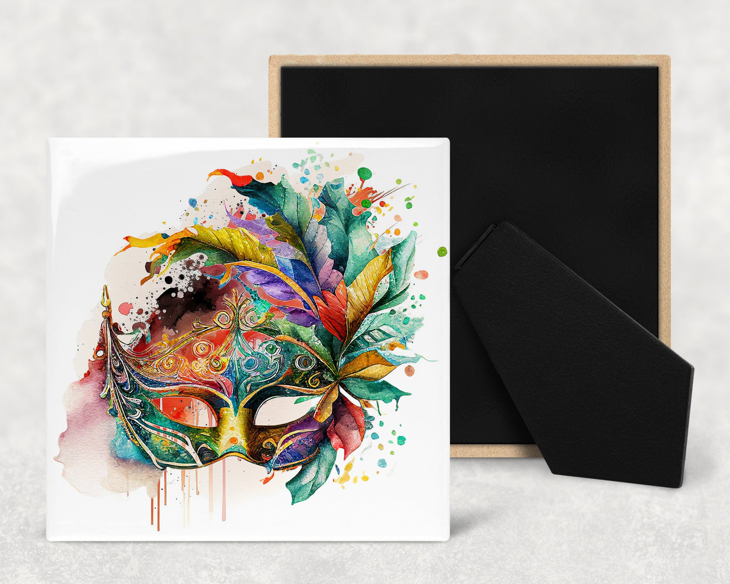 Mardi Gras Mask Art Decorative Ceramic Tile Set with Optional Easel Back - Available in 4 sizes - Set of 4