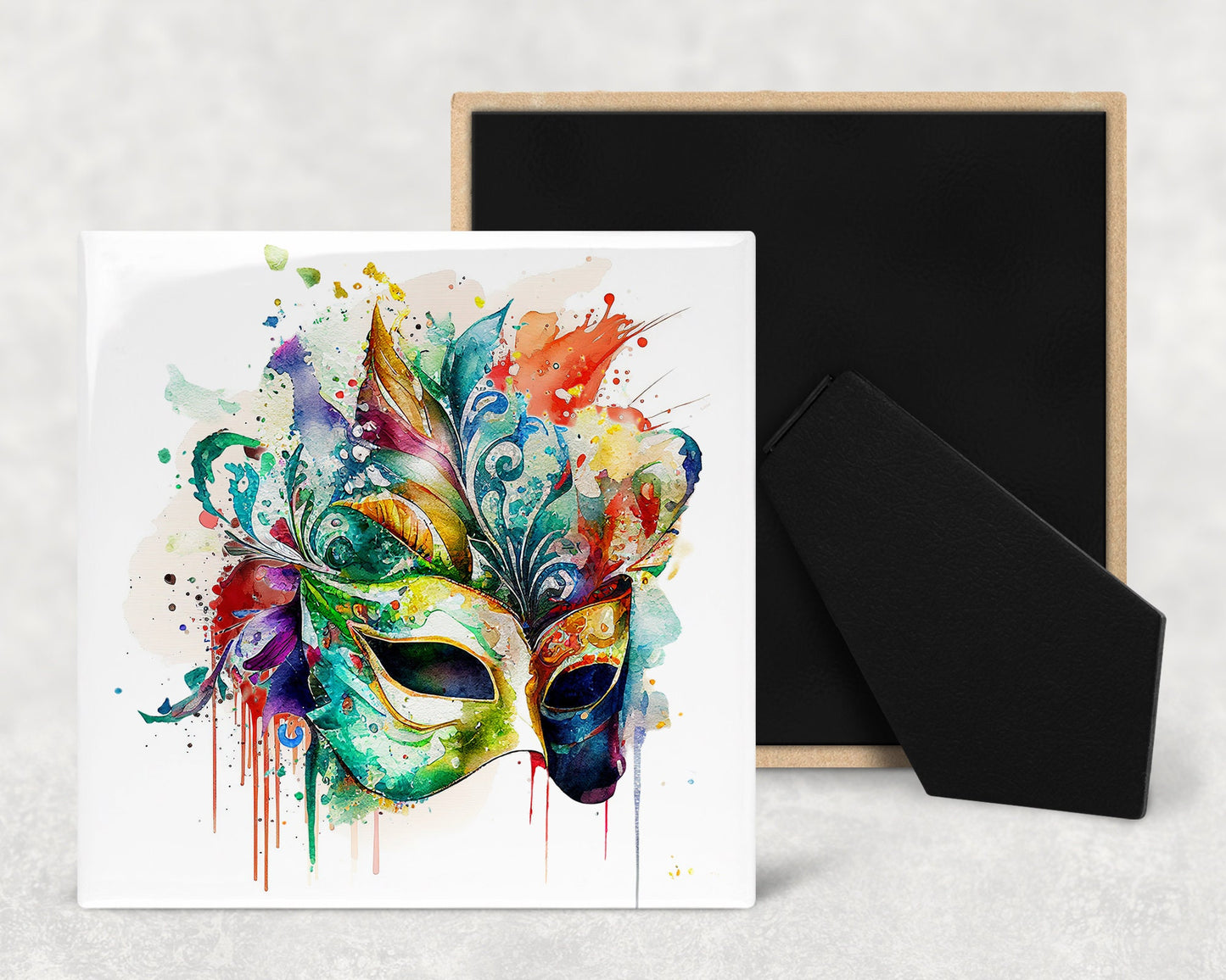 Mardi Gras Mask Art Decorative Ceramic Tile Set with Optional Easel Back - Available in 4 sizes - Set of 4