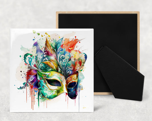 Mardi Gras Mask Art Decorative Ceramic Tile Set with Optional Easel Back - Available in 4 sizes - Set of 4