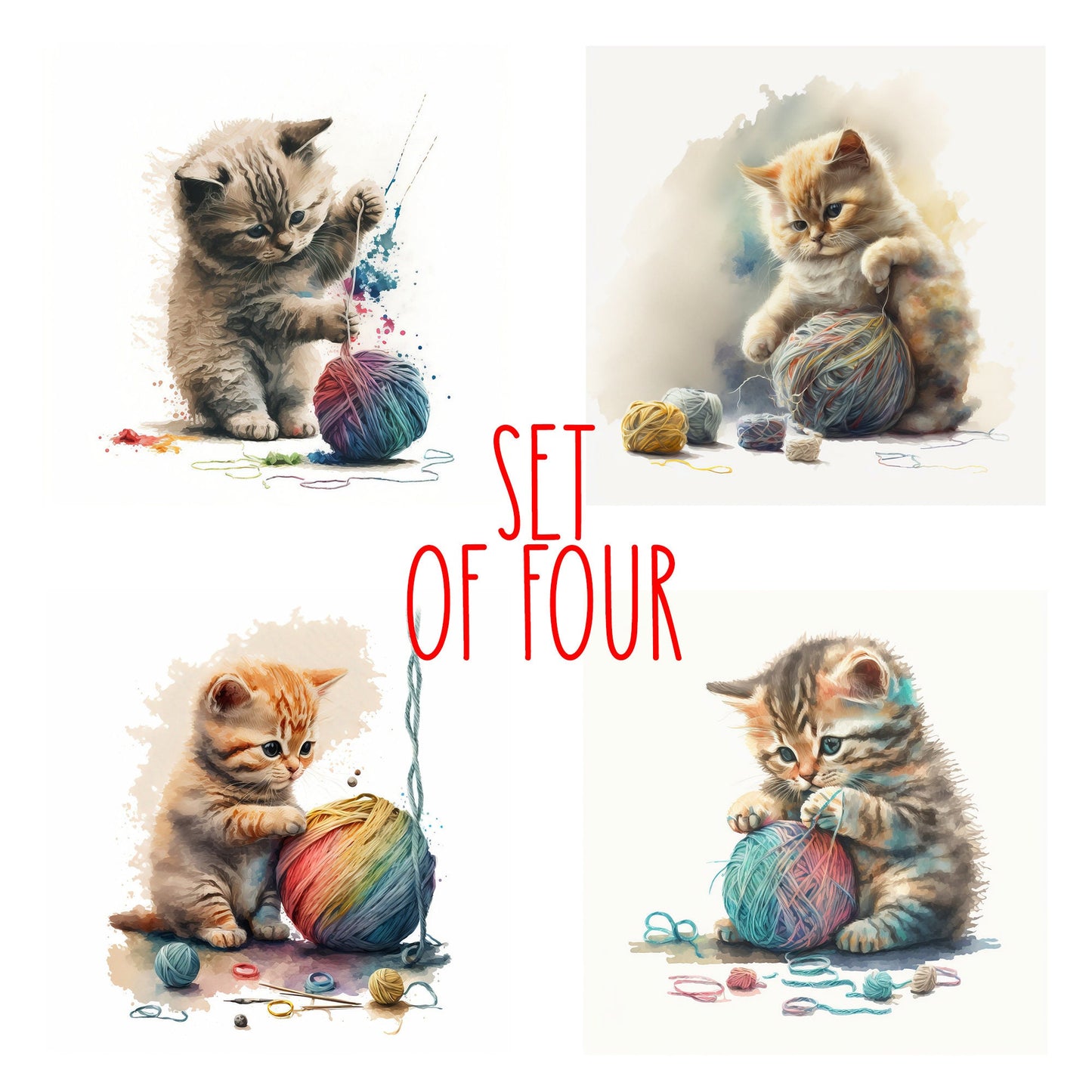 Cute Kitten with String Art Decorative Ceramic Tile Set with Optional Easel Back - Available in 4 sizes - Set of 4