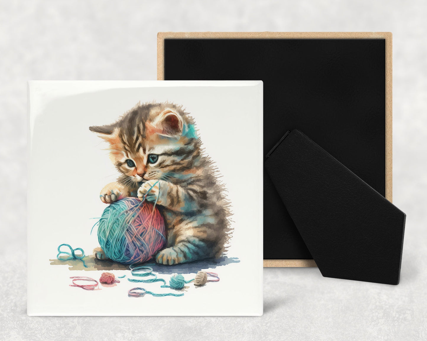 Cute Kitten with String Art Decorative Ceramic Tile Set with Optional Easel Back - Available in 4 sizes - Set of 4