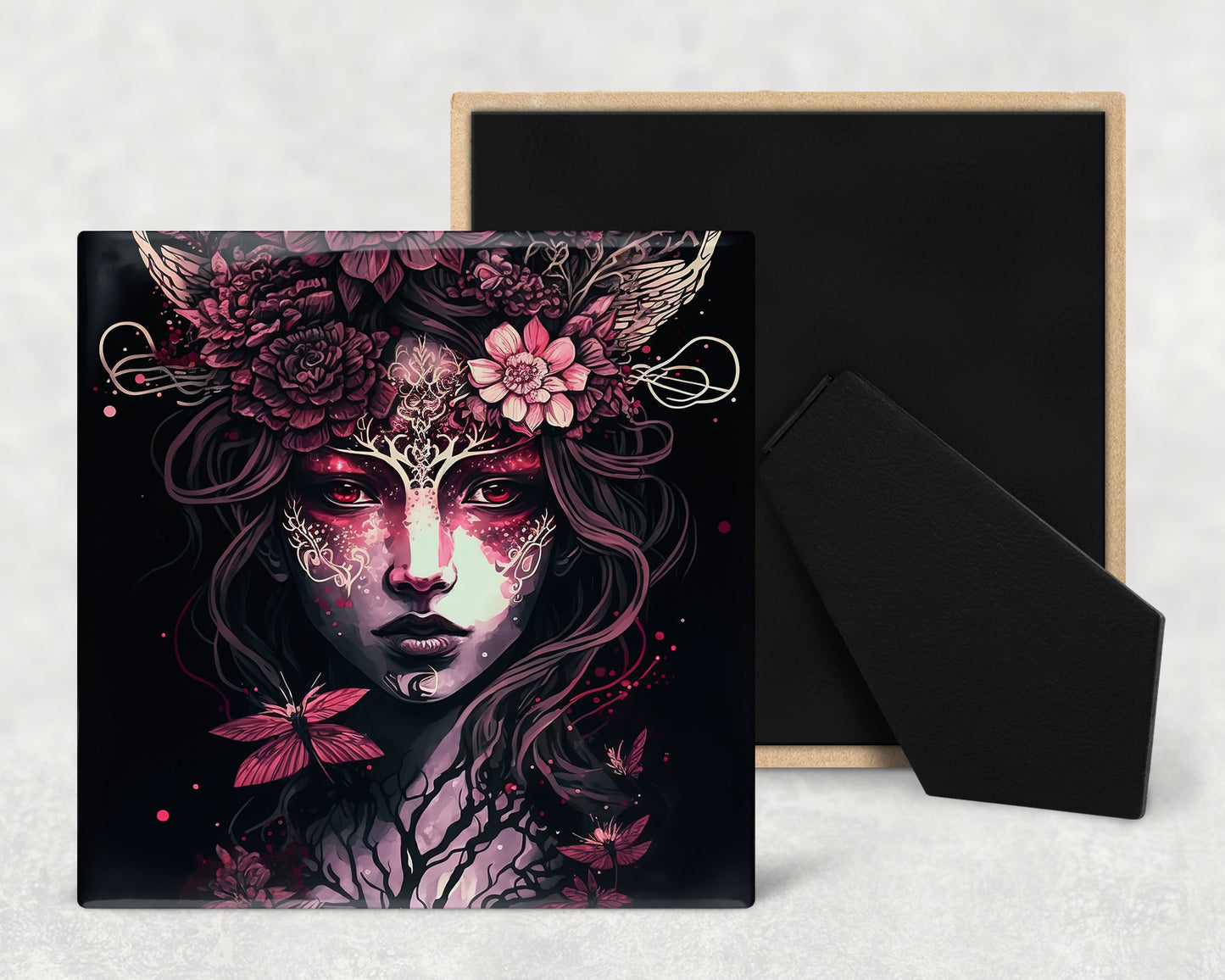 Gothic Fae Art Decorative Ceramic Tile Set with Optional Easel Back - Available in 4 sizes - Set of 4