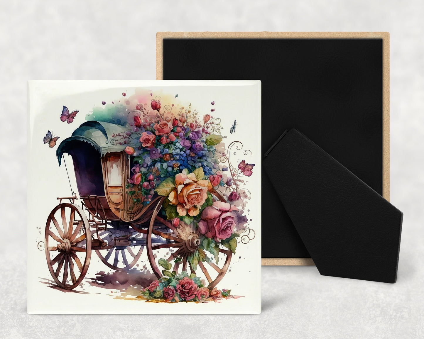 Floral Carriage Art Decorative Ceramic Tile Set with Optional Easel Back - Available in 4 sizes - Set of 4
