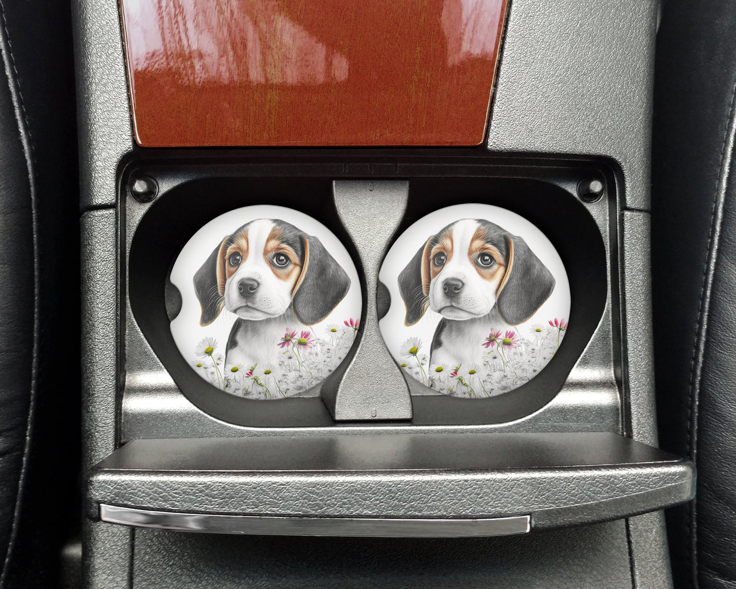 Watercolor style Beagle Puppy Art Car Coasters - Matching Pair - Set of 2