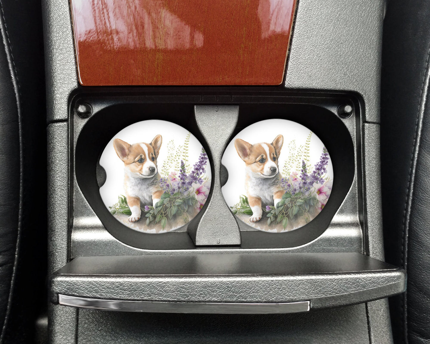 Watercolor Corgi Puppy Art Car Coasters  - Matching Pair - Set of 2
