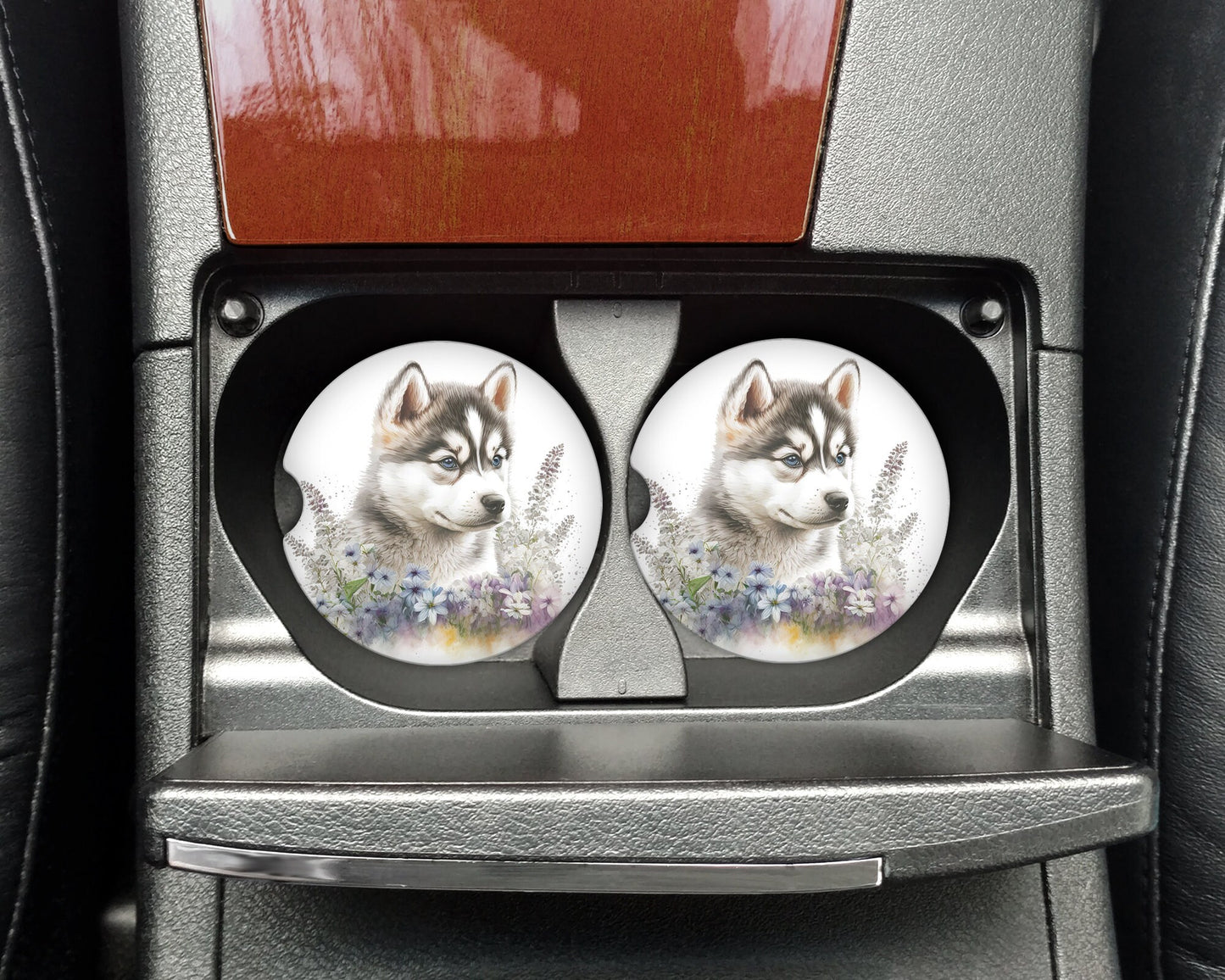 Watercolor Husky Puppy Art Car Coasters - Matching Pair - Set of 2