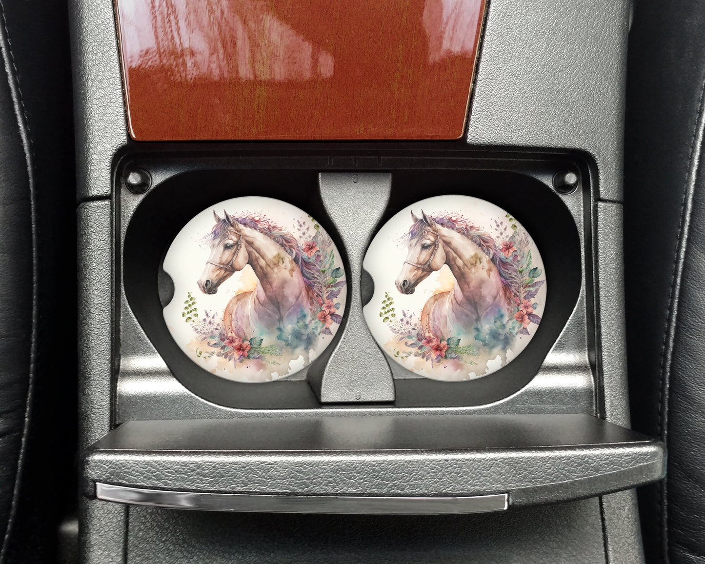 Watercolor Floral Wreath Horse Art Car Coasters - Matching Pair - Set of 2