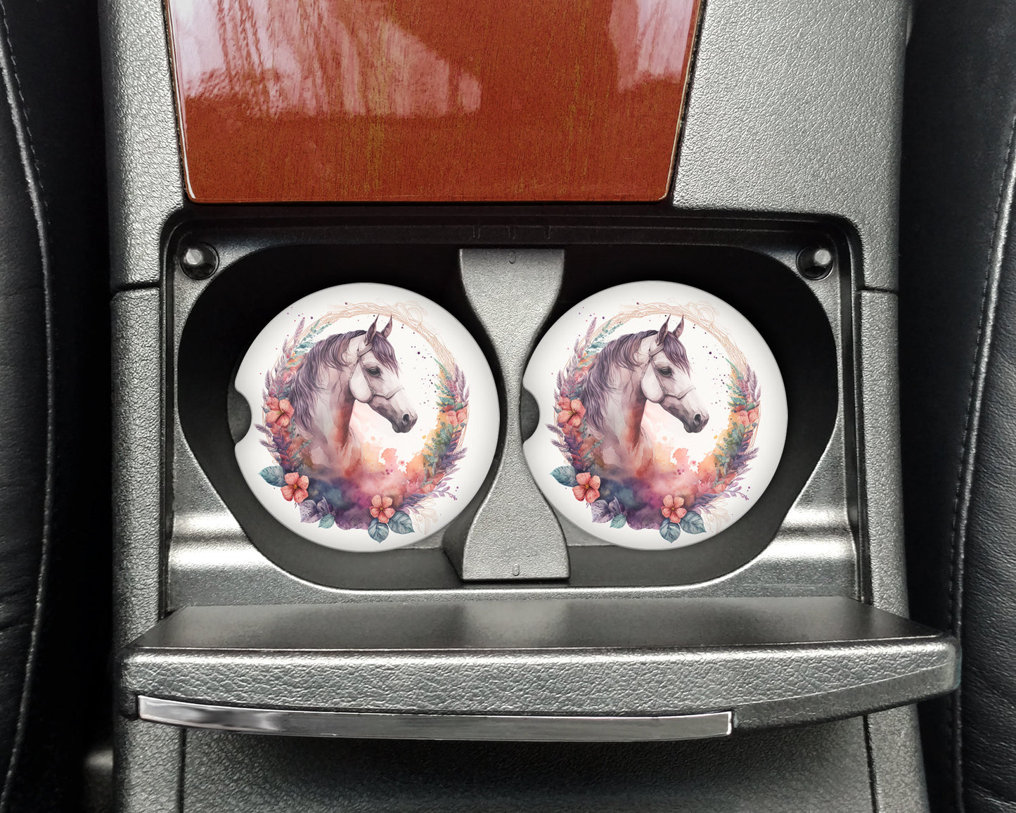 Watercolor Floral Wreath Horse Art Car Coasters - Matching Pair - Set of 2