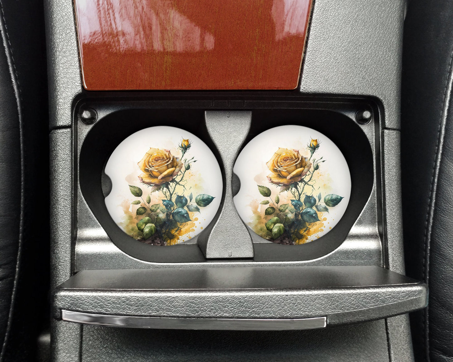 Watercolor Yellow Roses Art Car Coasters - Matching Pair - Set of 2