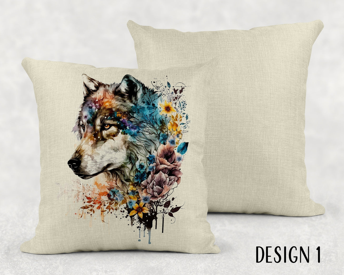 Watercolor Floral Wolf Linen Throw Pillow Sham - 3 Designs