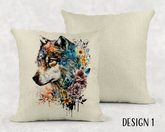 Watercolor Floral Wolf Linen Throw Pillow Sham - 3 Designs