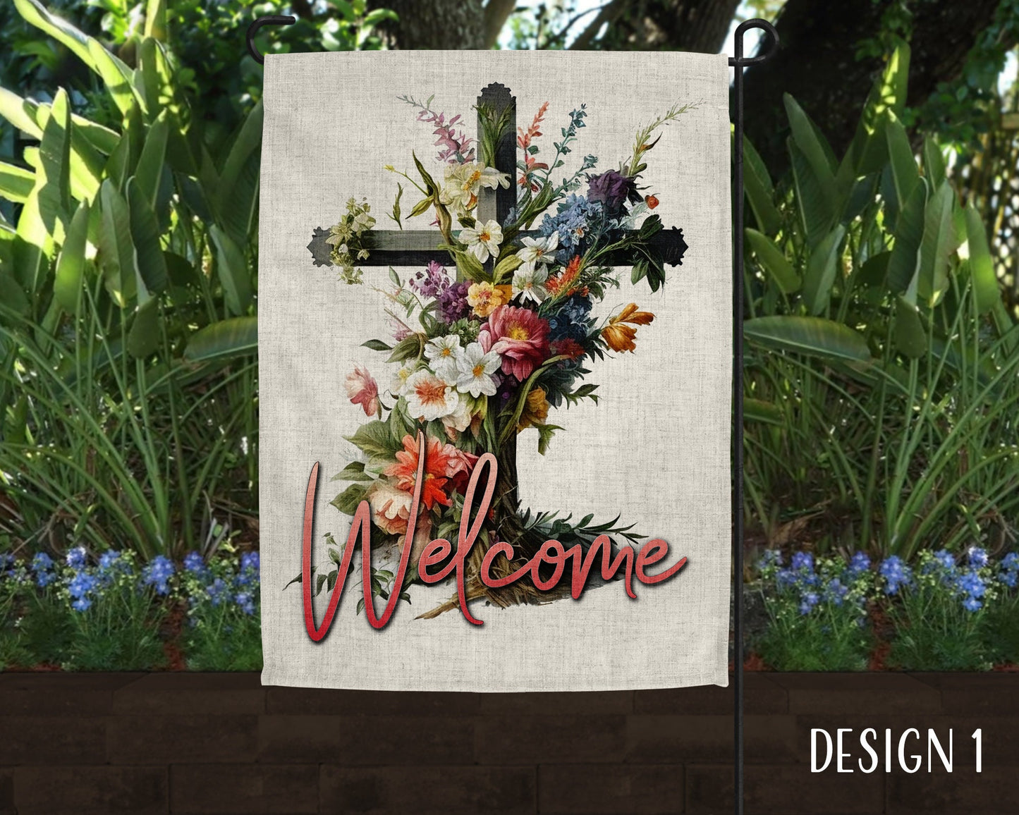 Floral Christian Cross Art Welcome Linen Garden Flag  - 5 Design Choices