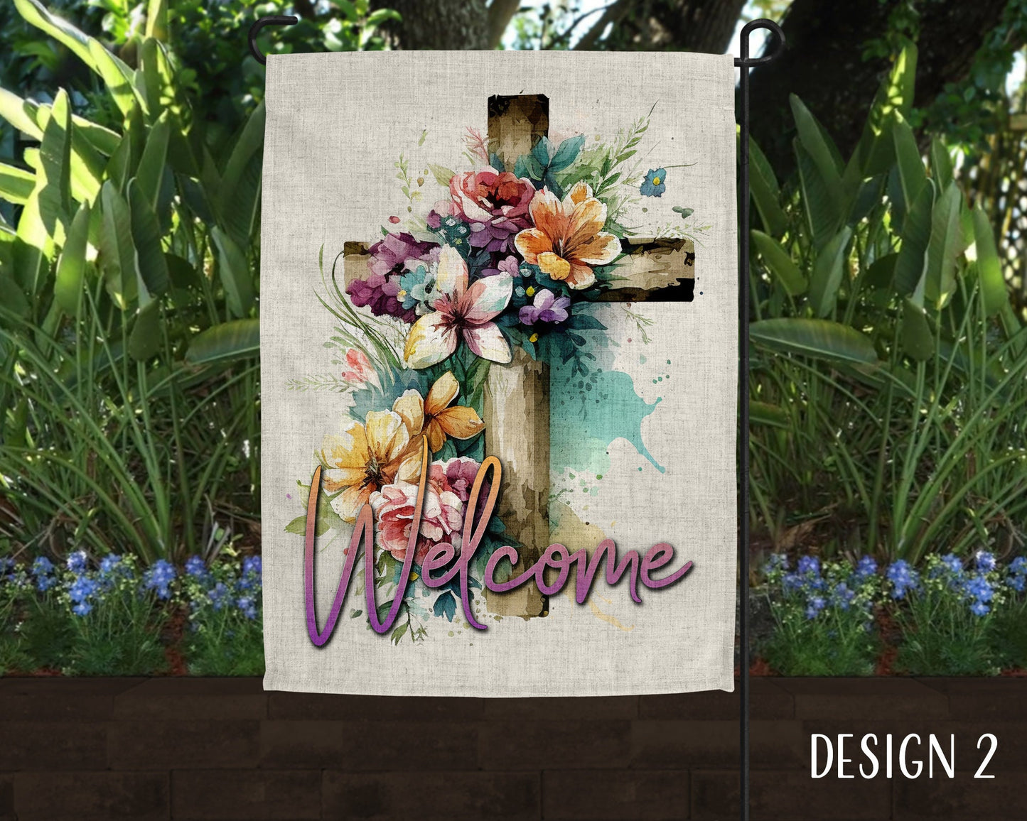 Floral Christian Cross Art Welcome Linen Garden Flag  - 5 Design Choices