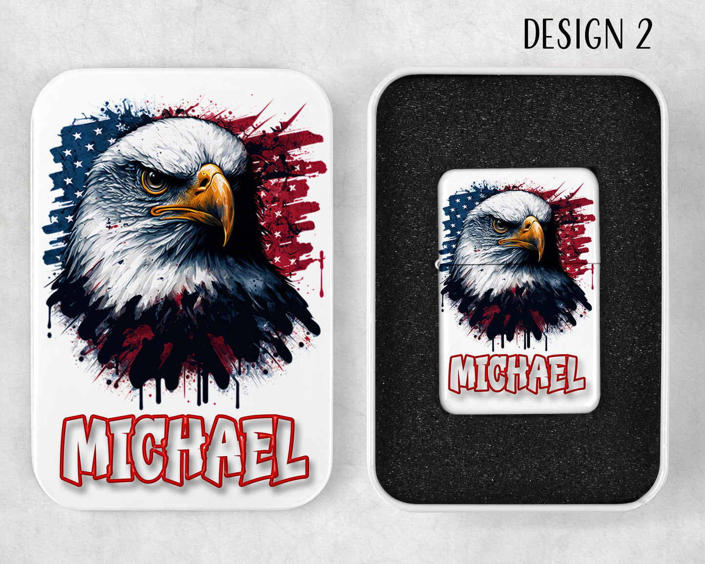Personalized American Bald Eagle Art Flip Top Lighter and Matching Gift Tin  - 4 Design Choices