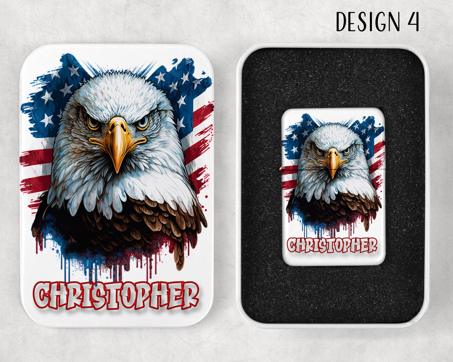 Personalized American Bald Eagle Art Flip Top Lighter and Matching Gift Tin  - 4 Design Choices