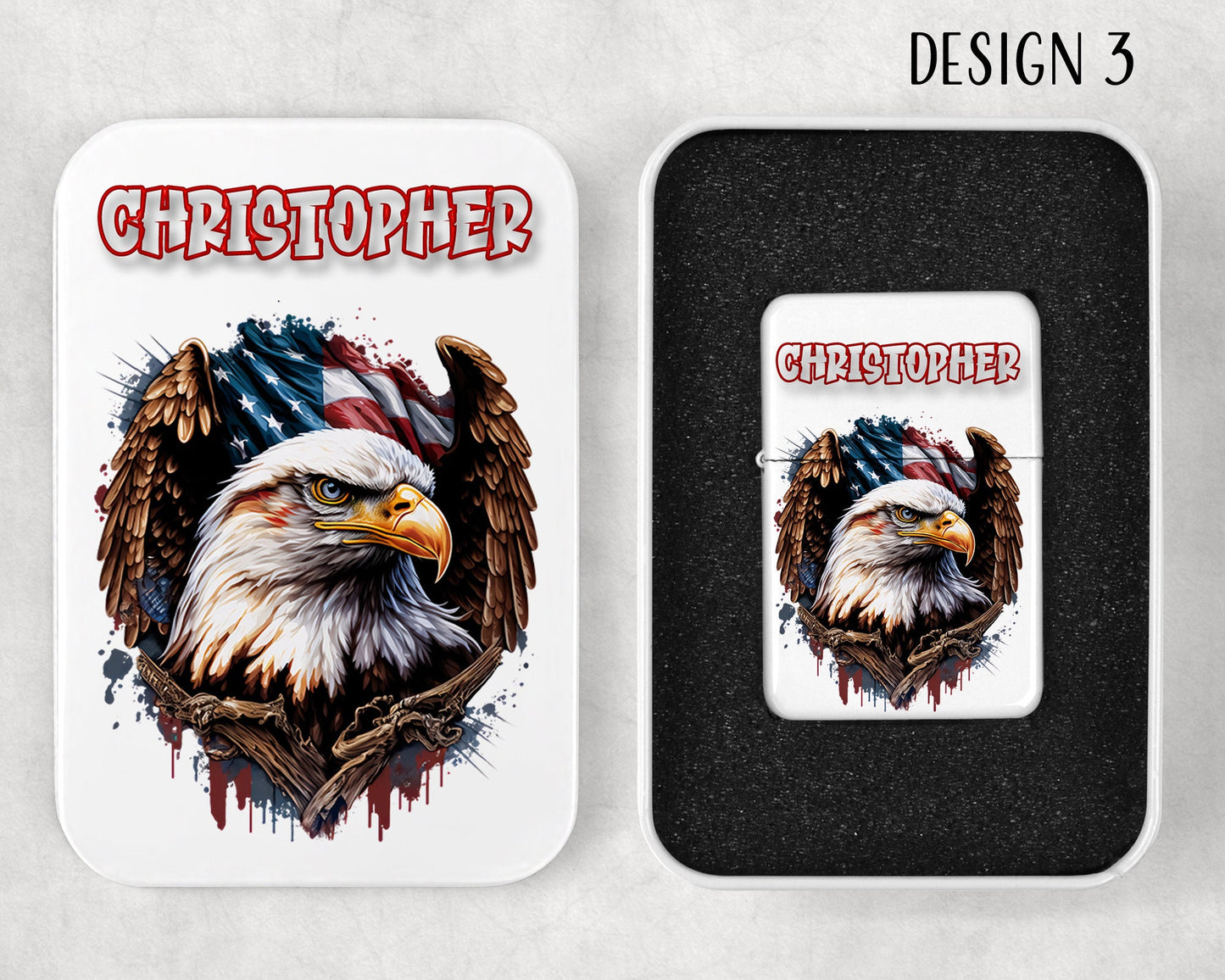 Personalized American Bald Eagle Art Flip Top Lighter and Matching Gift Tin  - 4 Design Choices