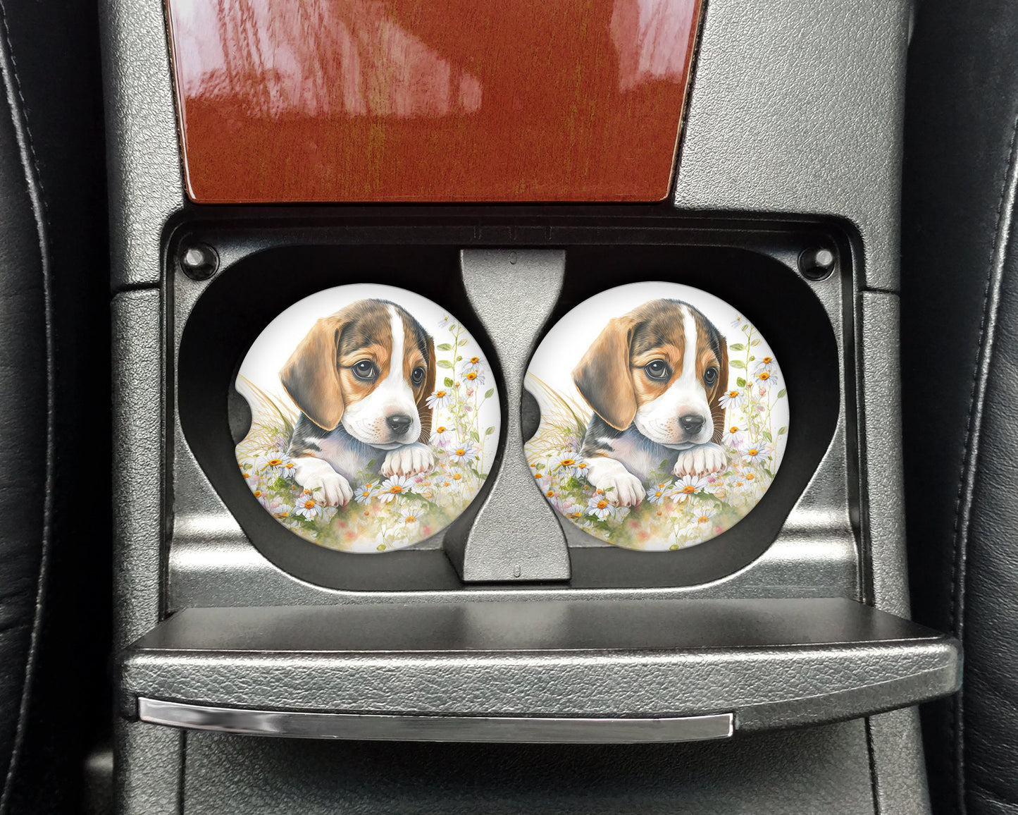 Watercolor style Beagle Puppy Art Car Coasters - Matching Pair - Set of 2