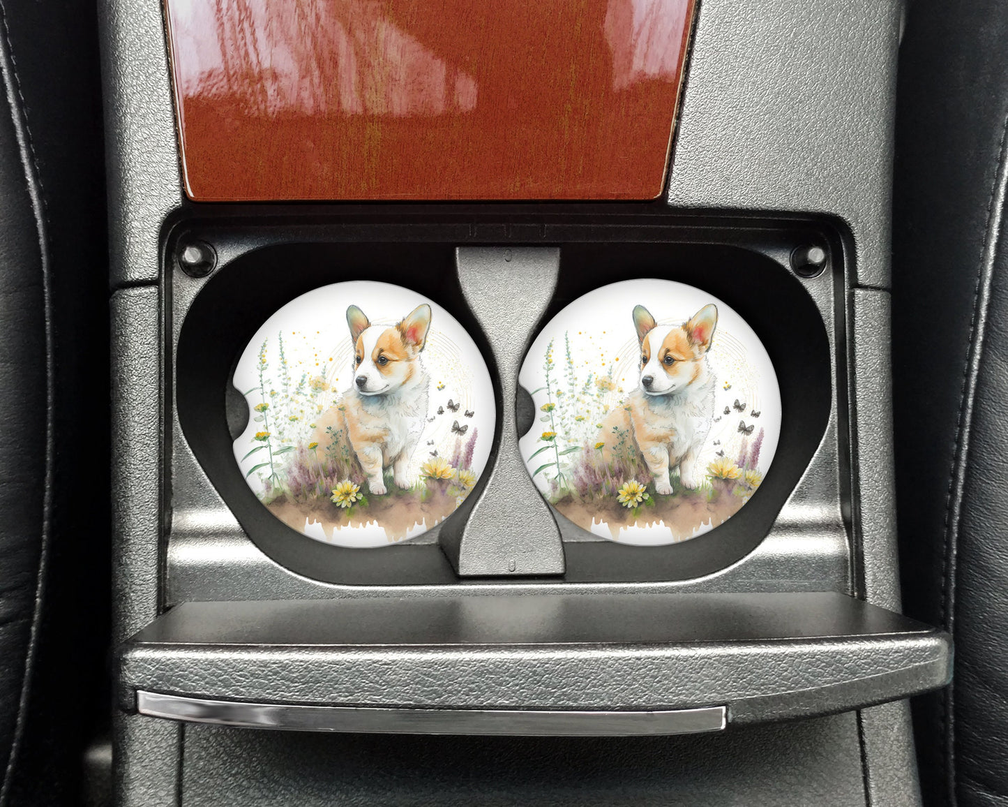 Watercolor Corgi Puppy Art Car Coasters  - Matching Pair - Set of 2