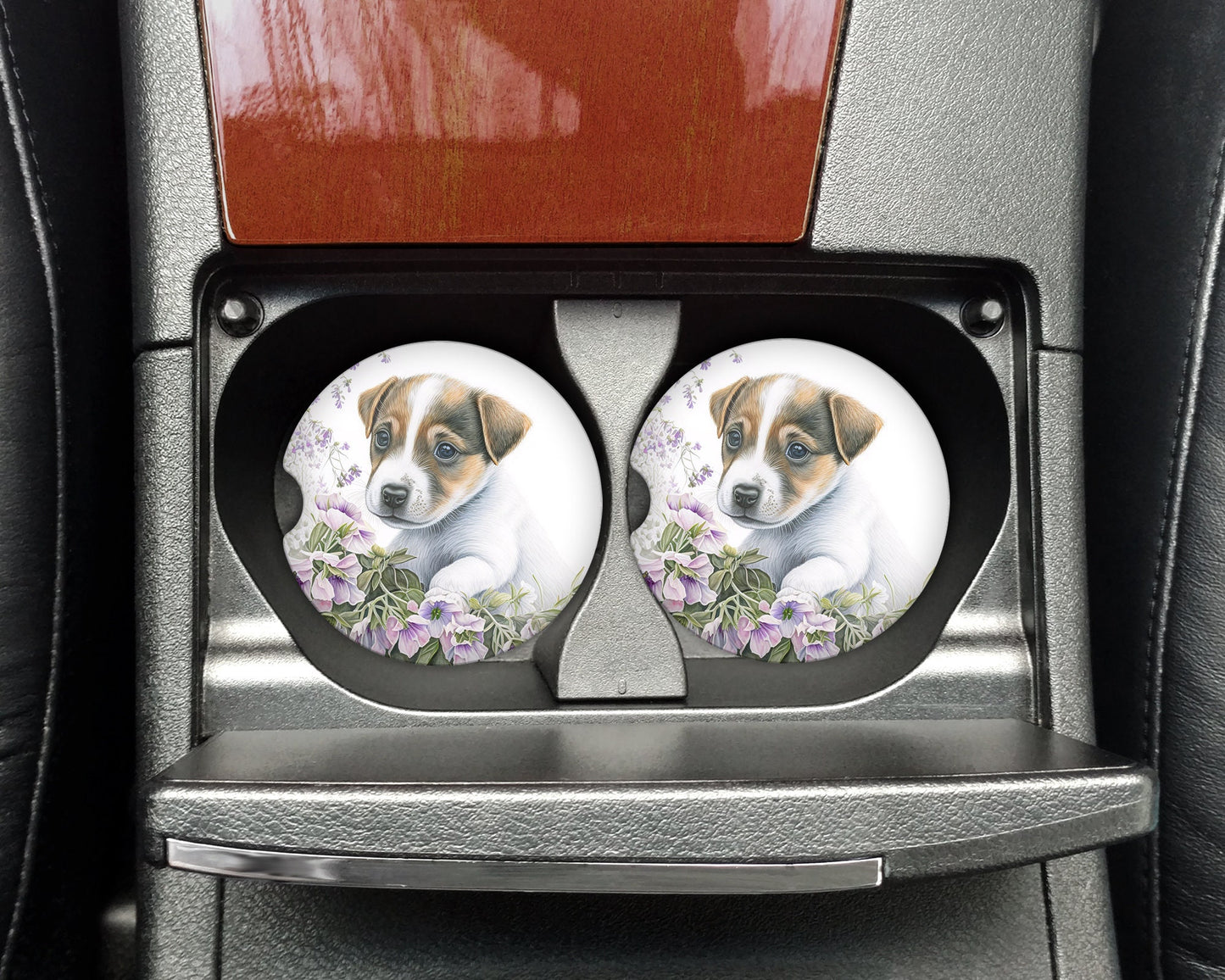 Watercolor Jack Russell Puppy Art Car Coasters - Matching Pair - Set of 2