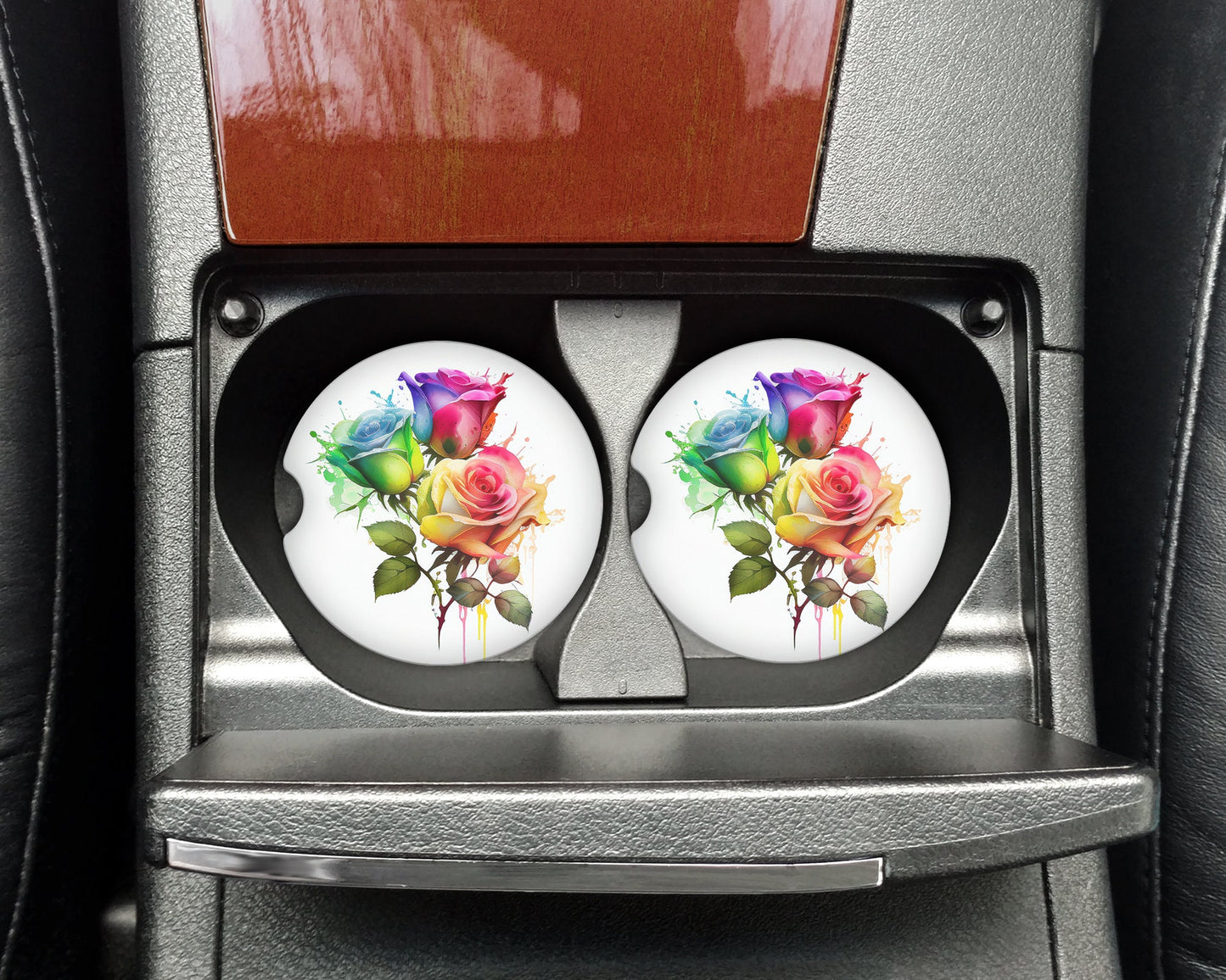 Watercolor Rainbow Roses Art Car Coasters - Matching Pair - Set of 2