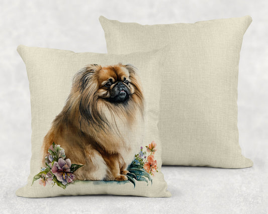 Watercolor Floral Pekingese Linen Throw Pillow Sham