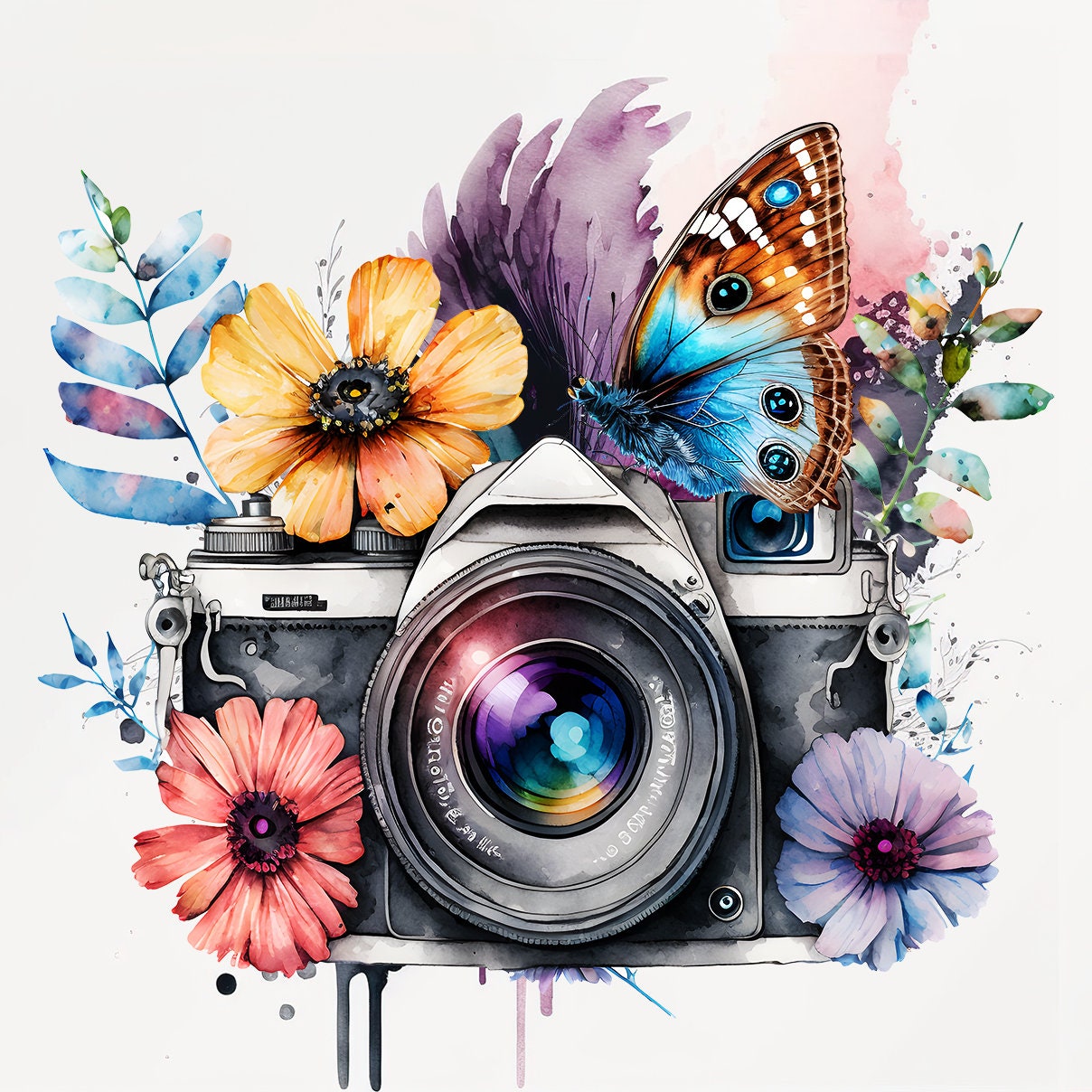 Floral Butterfly and Camera Art Decorative Ceramic Tile Set with Optional Easel Back - Available in 4 sizes - Set of 4