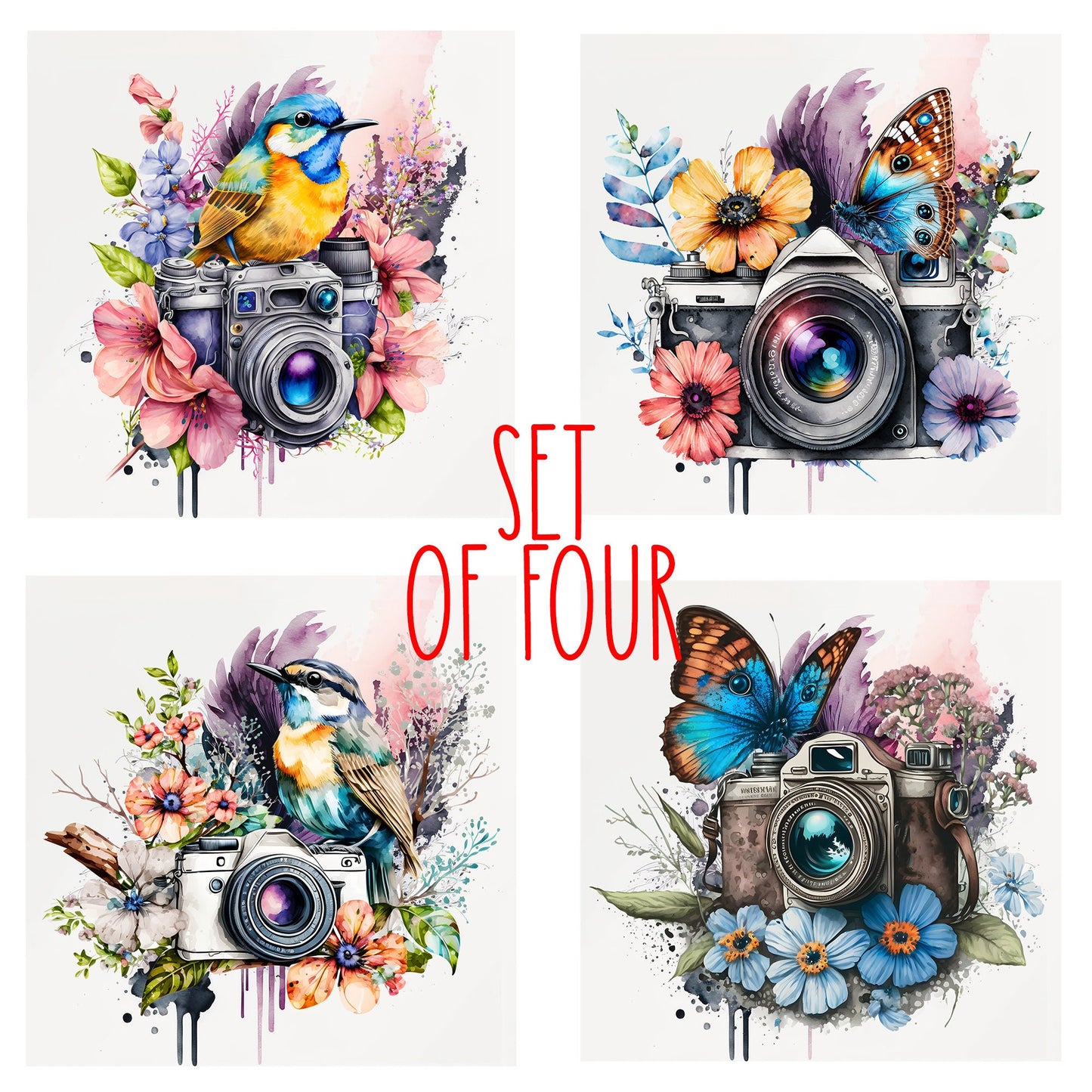 Floral Butterfly and Camera Art Decorative Ceramic Tile Set with Optional Easel Back - Available in 4 sizes - Set of 4