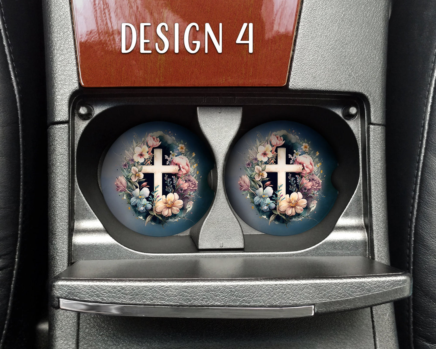 Watercolor Floral Crosses Art Car Coasters  - Matching Pair - Set of 2 - Seven Designs Available