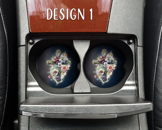 Watercolor Floral Crosses Art Car Coasters  - Matching Pair - Set of 2 - Four Designs Available