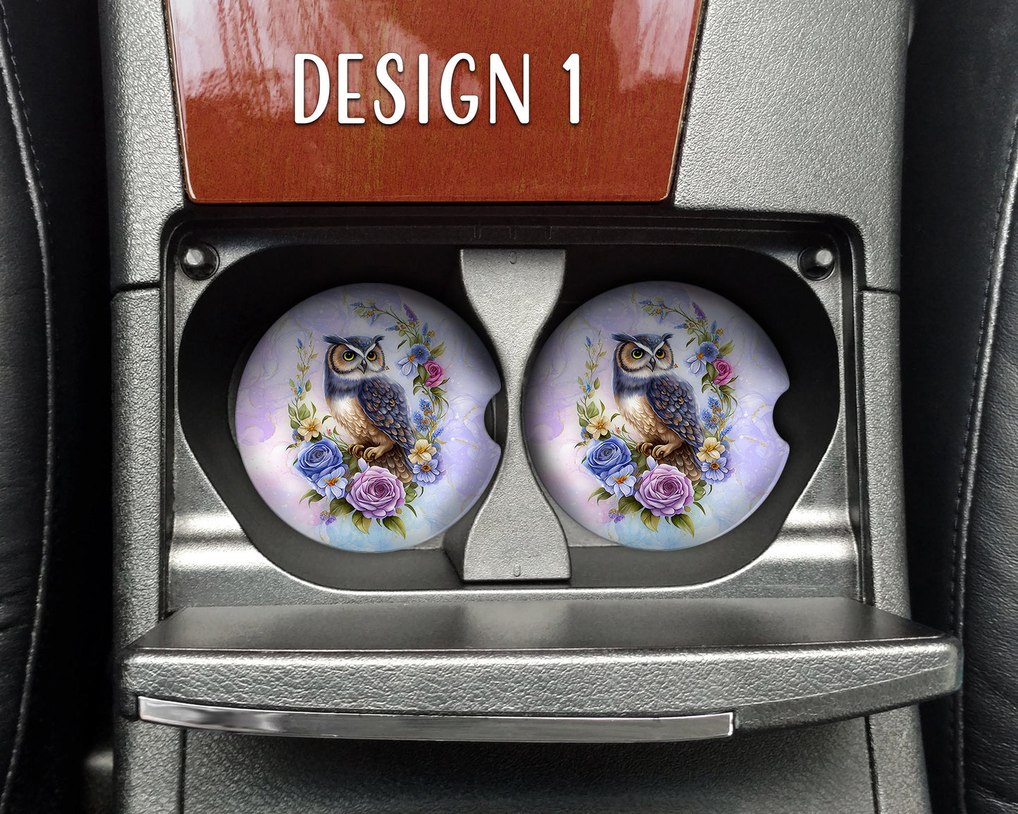 Watercolor Floral Owl Art Car Coasters  - Matching Pair - Set of 2 - Five Designs Available