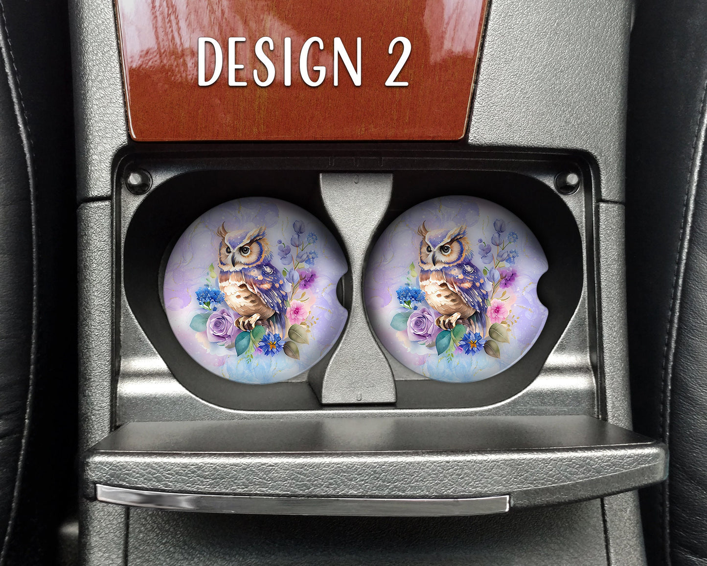 Watercolor Floral Owl Art Car Coasters  - Matching Pair - Set of 2 - Five Designs Available
