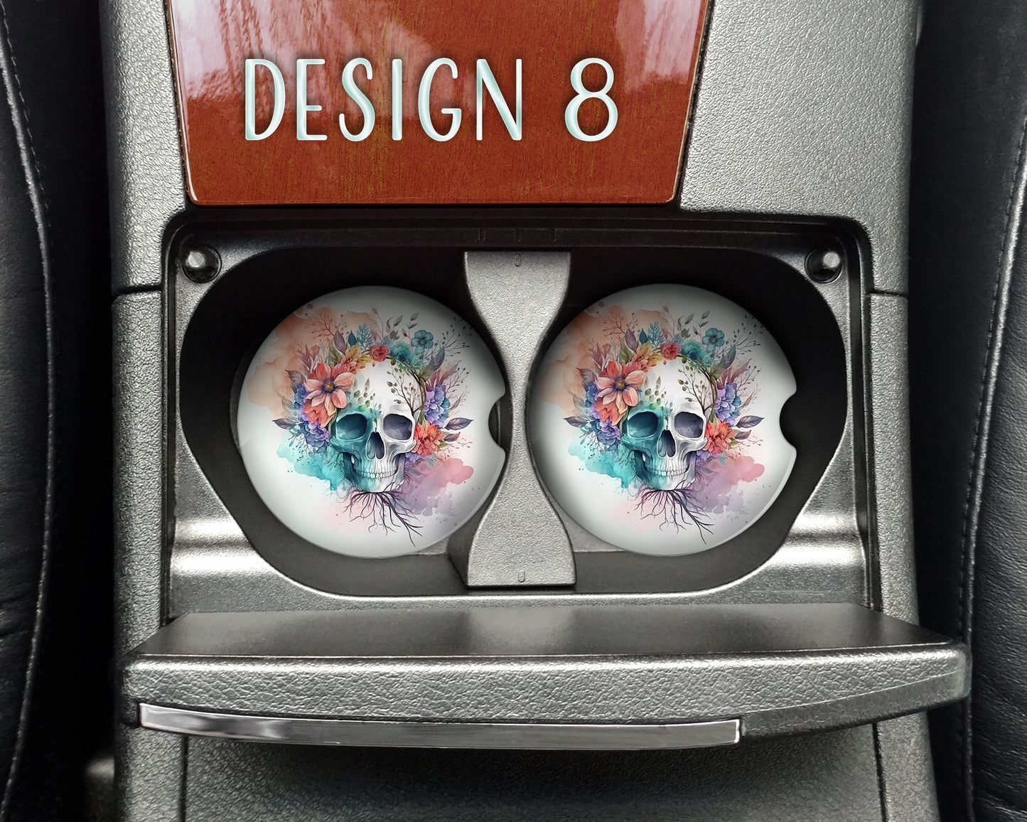 Watercolor Floral Skull Art Car Coasters  - Matching Pair - Set of 2 - Nine Designs Available