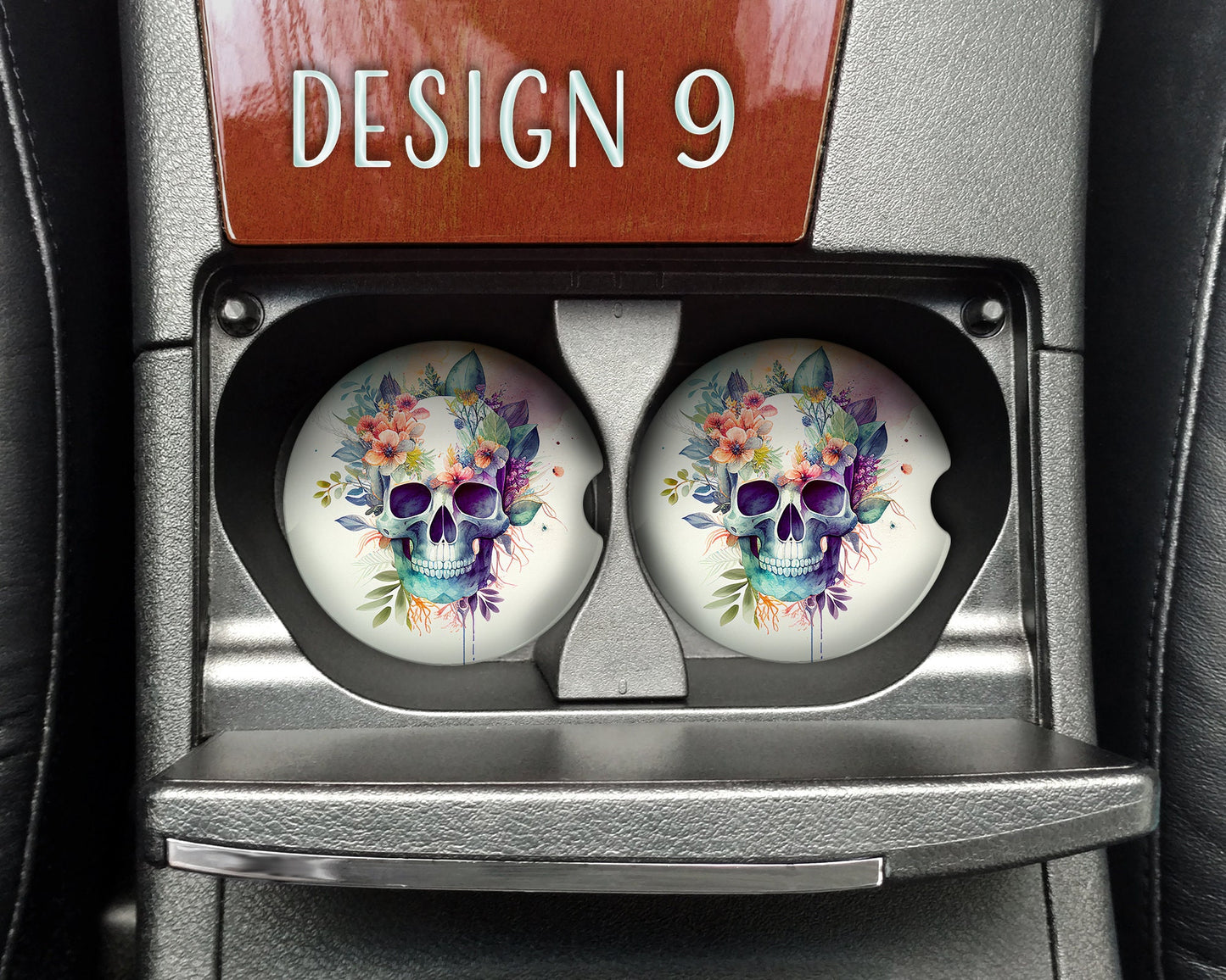 Watercolor Floral Skull Art Car Coasters  - Matching Pair - Set of 2 - Nine Designs Available
