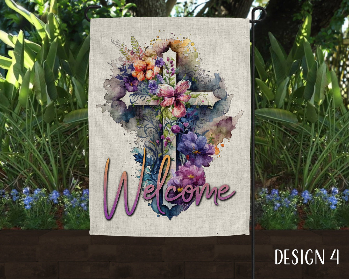 Floral Christian Cross Art Welcome Linen Garden Flag  - 5 Design Choices