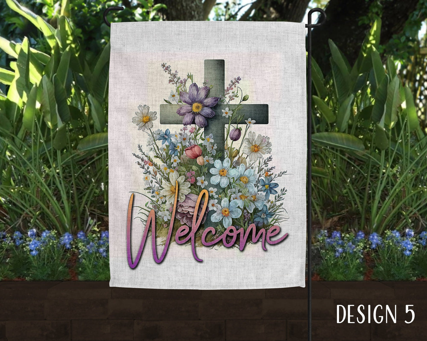 Floral Christian Cross Art Welcome Linen Garden Flag  - 5 Design Choices