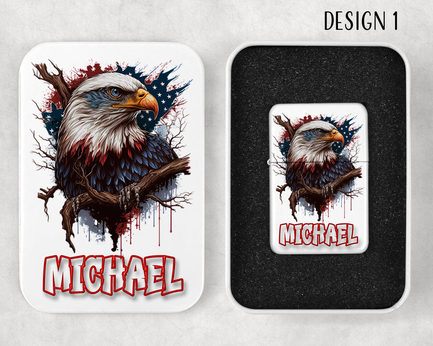 Personalized American Bald Eagle Art Flip Top Lighter and Matching Gift Tin  - 4 Design Choices
