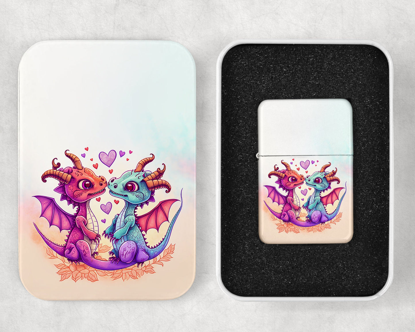 Cute Watercolor Dragons Couple Art Flip Top Lighter and Matching Gift Tin