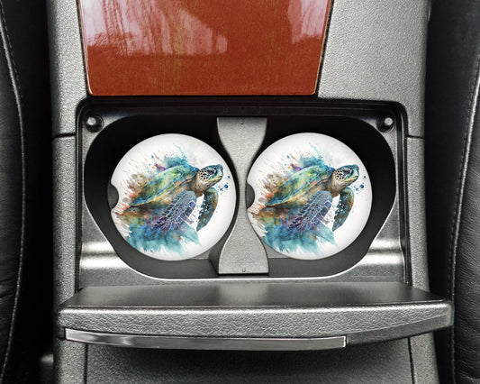 Watercolor Sea Turtle Art Car Coasters  - Matching Pair - Set of 2