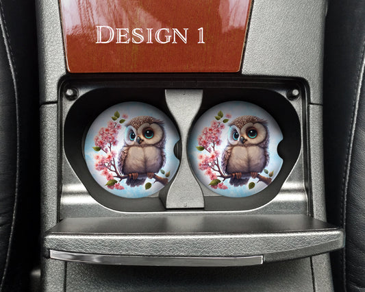 Cute Watercolor Owl Art Car Coasters  - Matching Pair - Set of 2 - Two Designs Available
