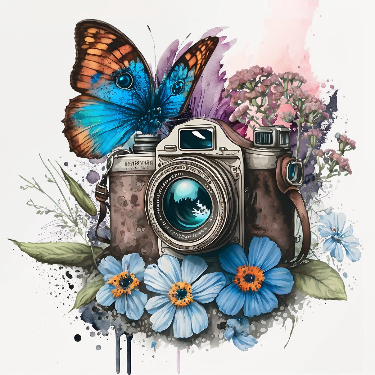 Floral Butterfly and Camera Art Decorative Ceramic Tile Set with Optional Easel Back - Available in 4 sizes - Set of 4