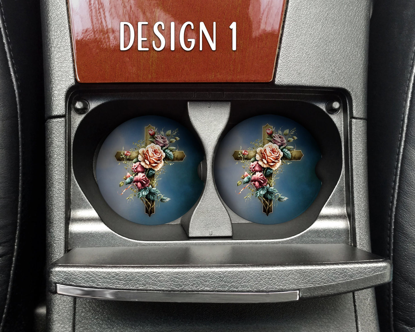 Watercolor Floral Crosses Art Car Coasters  - Matching Pair - Set of 2 - Seven Designs Available