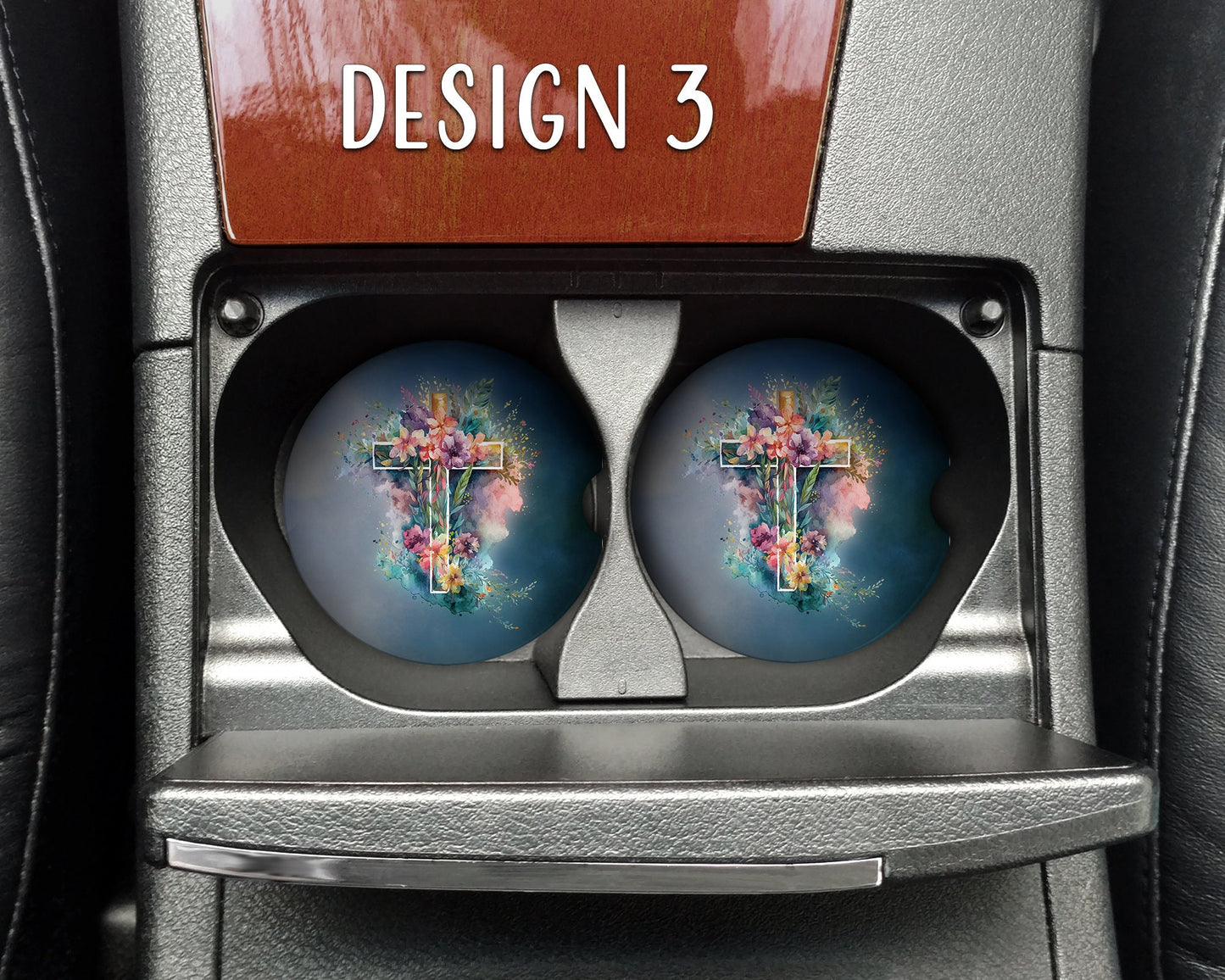 Watercolor Floral Crosses Art Car Coasters  - Matching Pair - Set of 2 - Seven Designs Available